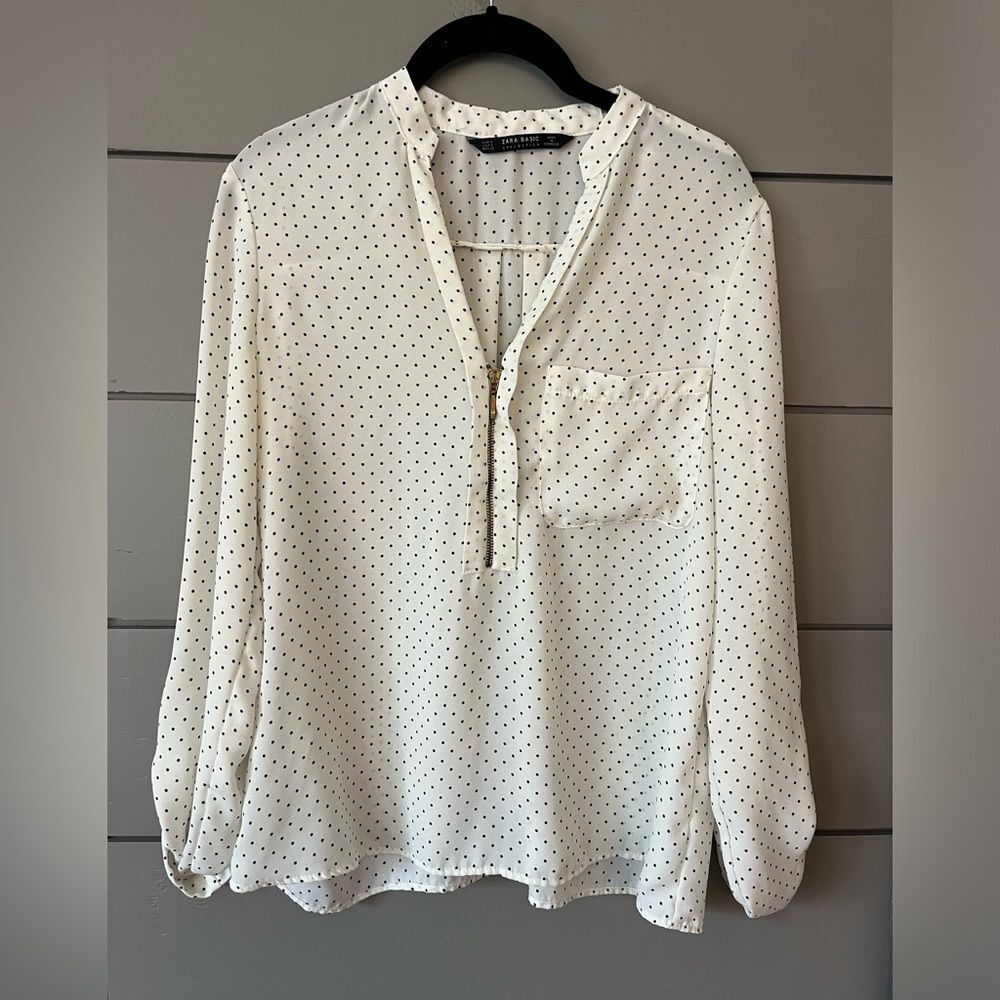Zara Basic Collection Cream/Black Polka Dot Long Sleeve V-Neck‎ Zipper Blouse Sm